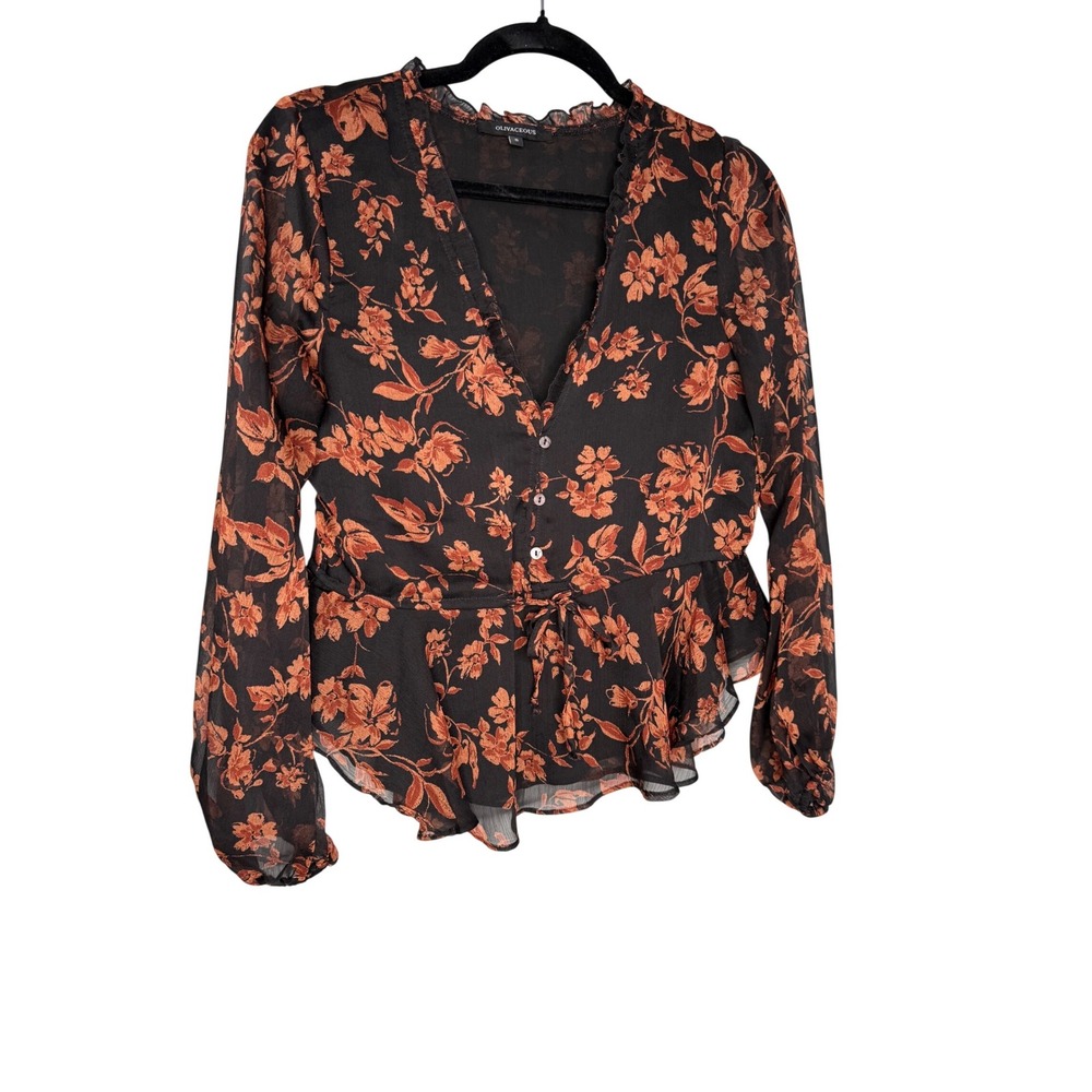 Olivaceous orange black floral print balloon sleeve whimsical dark fairycore top